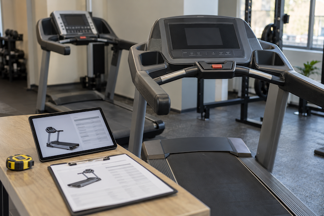 Technician recording maintenance information beside a stationary exercise bike. Technician recording maintenance information beside a stationary exercise bike.