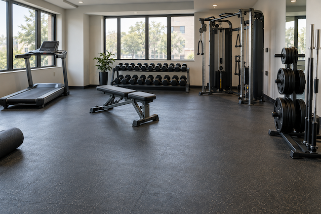 Adjustable bench beside a dumbbell rack and weight plate storage tree. Adjustable bench beside a dumbbell rack and weight plate storage tree.