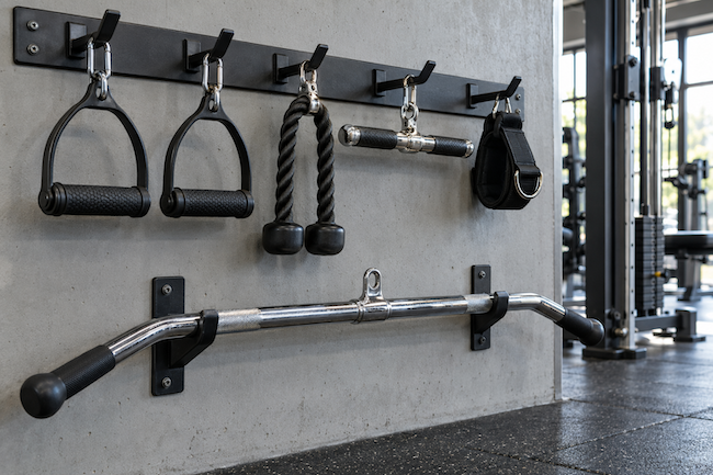 Adjustable bench beside a dumbbell rack and weight plate storage tree. Adjustable bench beside a dumbbell rack and weight plate storage tree.
