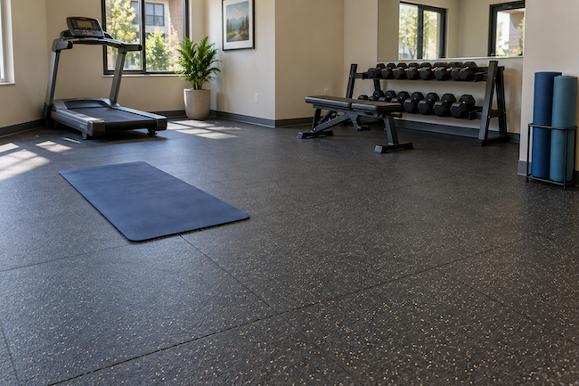 Adjustable bench beside a dumbbell rack and weight plate storage tree. Adjustable bench beside a dumbbell rack and weight plate storage tree.